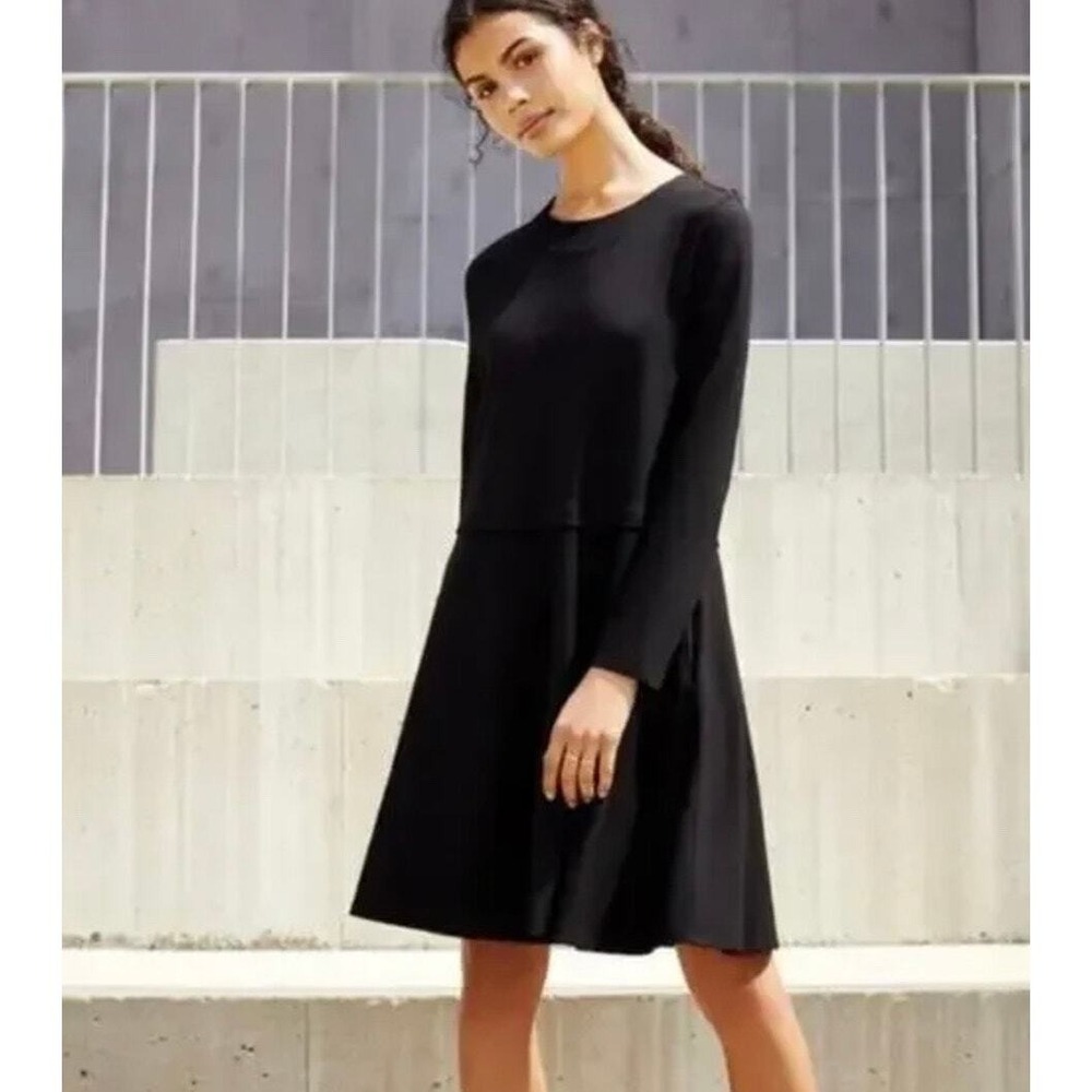Cuyana Long Sleeve Dress Womens XS Black Ponte Double Layer Fit Flare Pockets